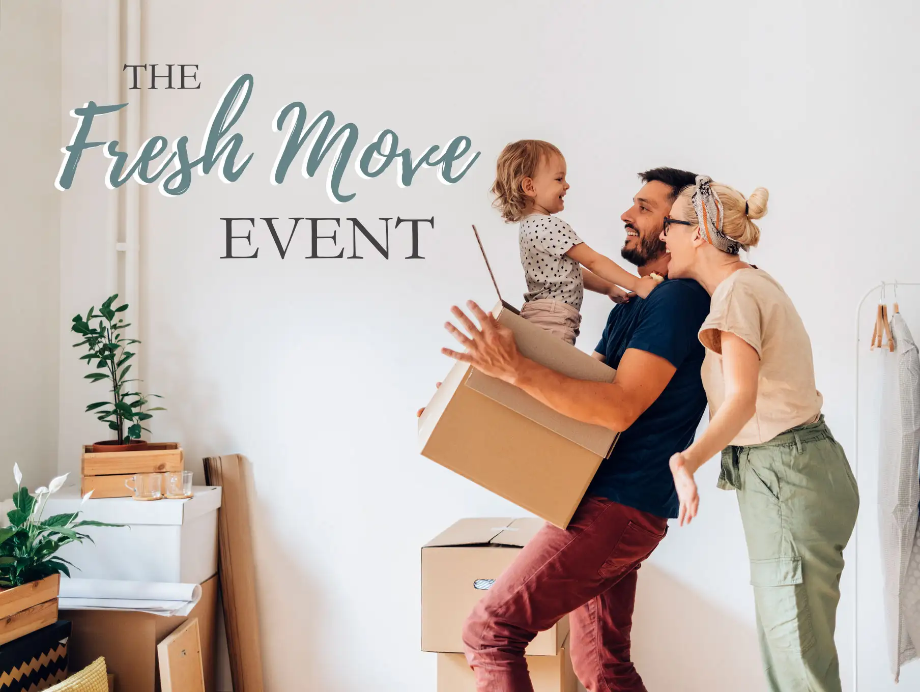 A husband and wife moving into a house with their young child being carried in a moving box