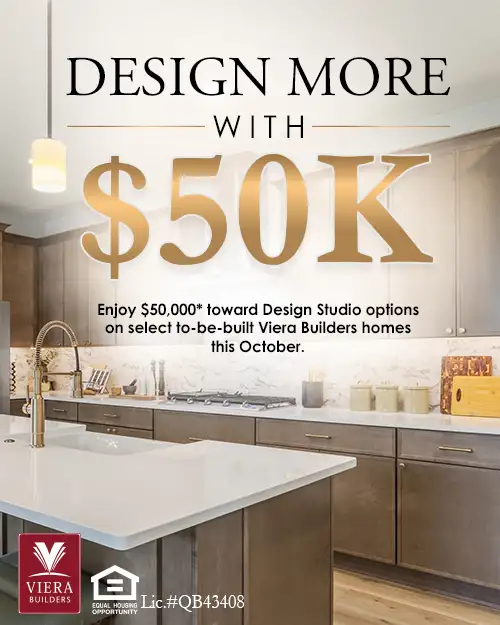 Image of a new kitchen with "Design More with 50K" promotion text overlaying it